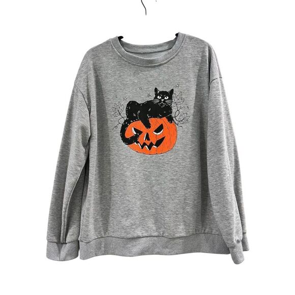 Halloween Black Cat & Pumpkin Graphic Sweatshirt Gray Unisex M - Picture 1 of 3